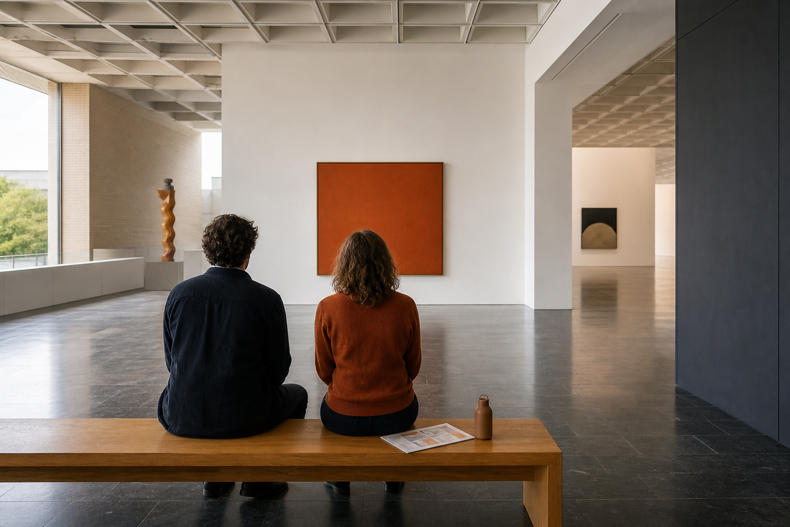 Twee bezoekers zitten op een houten bank in een rustig, licht museum en bekijken samen de zaal