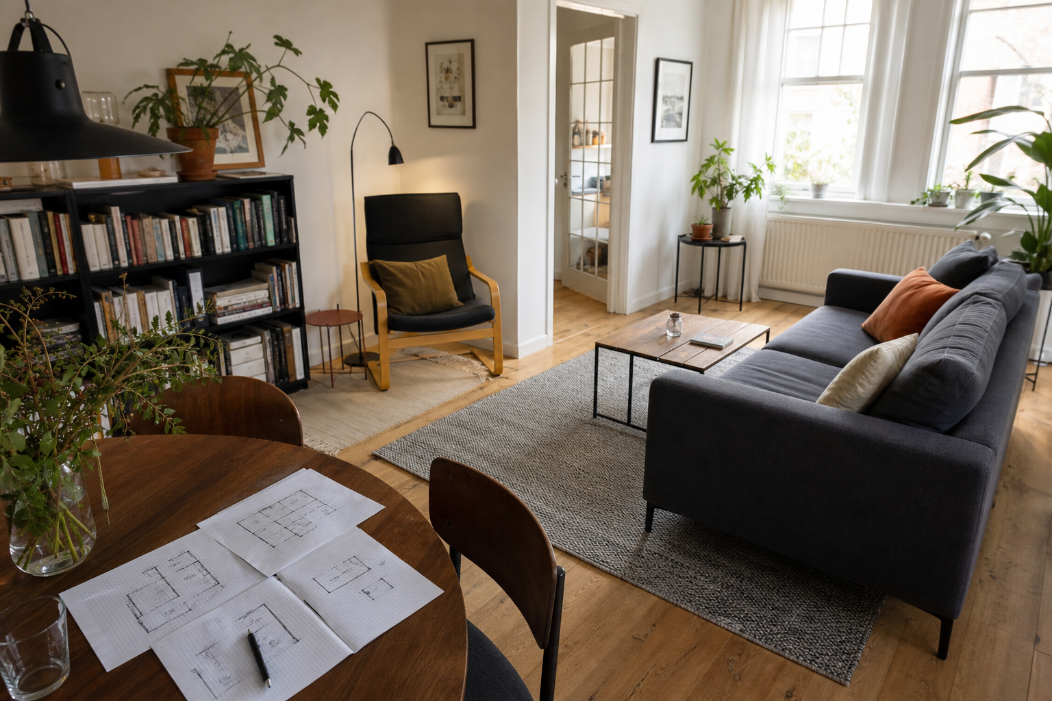 Compacte woonkamer met antraciete bank, leesstoel, vloerkleed en papieren indelingsschetsen op tafel